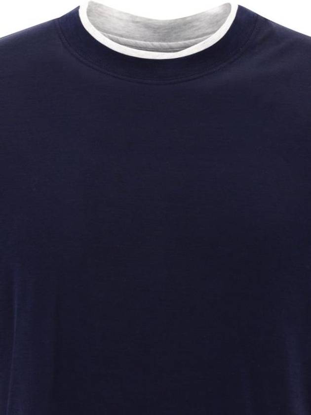 Double Layer Crew Neck Cotton Silk Short Sleeve T-Shirt Dark Blue - BRUNELLO CUCINELLI - BALAAN 4