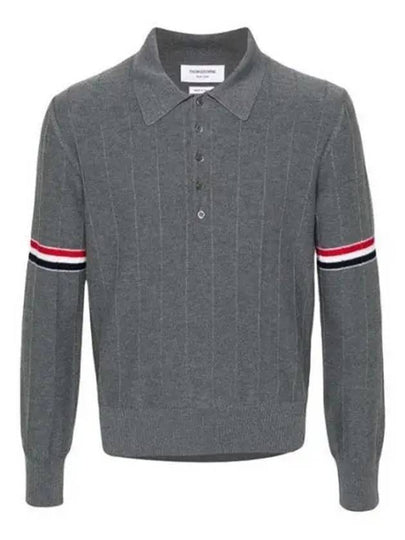 Striped Virgin Wool Long Sleeve Polo Shirt Grey - THOM BROWNE - BALAAN 2