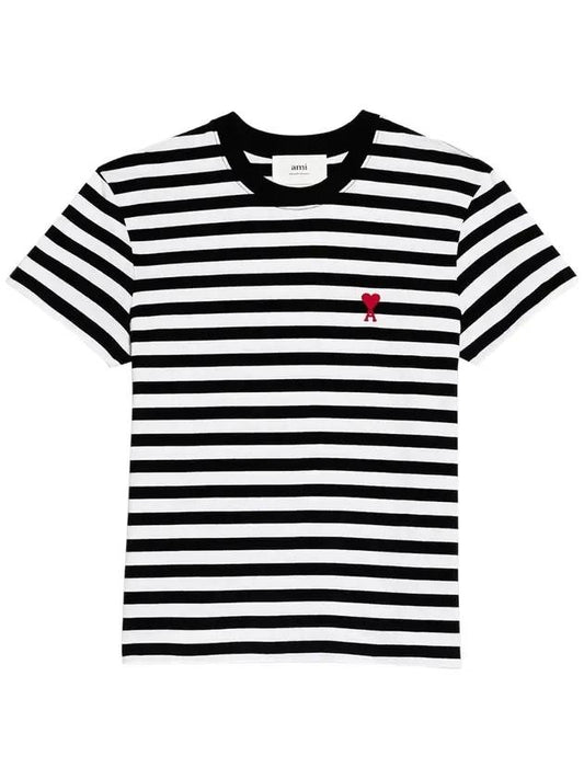 Small Heart Logo Striped Cotton Short Sleeve T-Shirt White Black - AMI - BALAAN.