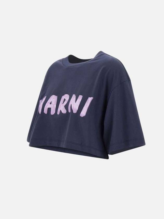 Logo Cotton Crop Short Sleeve T-Shirt Navy - MARNI - BALAAN 3