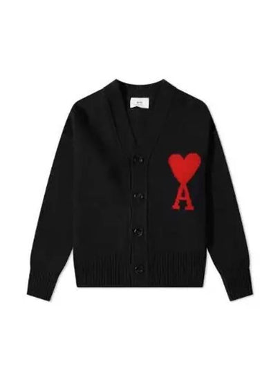 Intarsia Big Heart Logo Oversized Virgin Wool Cardigan Black - AMI - BALAAN 2