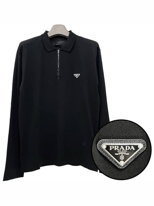 Triangle Logo Long Sleeve Polo Shirt Black - PRADA - BALAAN 2