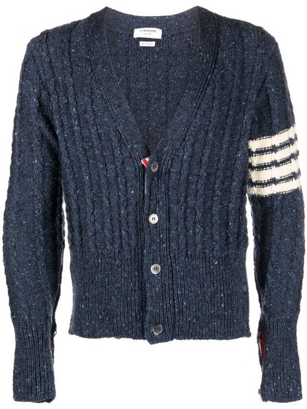 Donegal Twist Cable 4 Bar Classic V Neck Cardigan Blue - THOM BROWNE - BALAAN 6