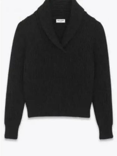 Shawl Collar Wool Knit Top Black - SAINT LAURENT - BALAAN 2