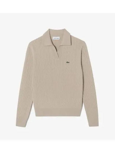 Women s cable open collar sweater beige - LACOSTE - BALAAN 1