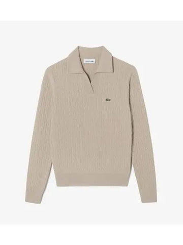 Women s Cable Open Collar Sweater Beige - LACOSTE - BALAAN 1