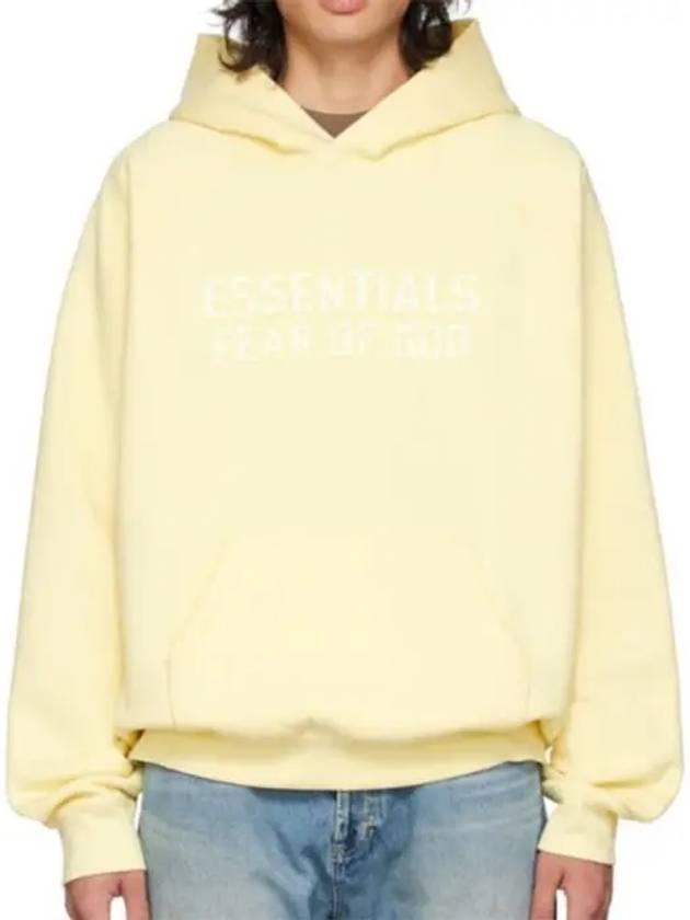 Essential Fear of God Logo Flock Kangaroo Pocket Hooded Sweatshirt Yellow - FEAR OF GOD ESSENTIALS - BALAAN 1