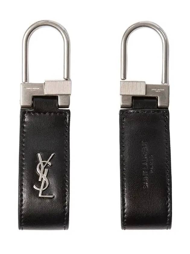 Silver Hardware Mini Monogram Leather Key Holder Black - SAINT LAURENT - BALAAN 2