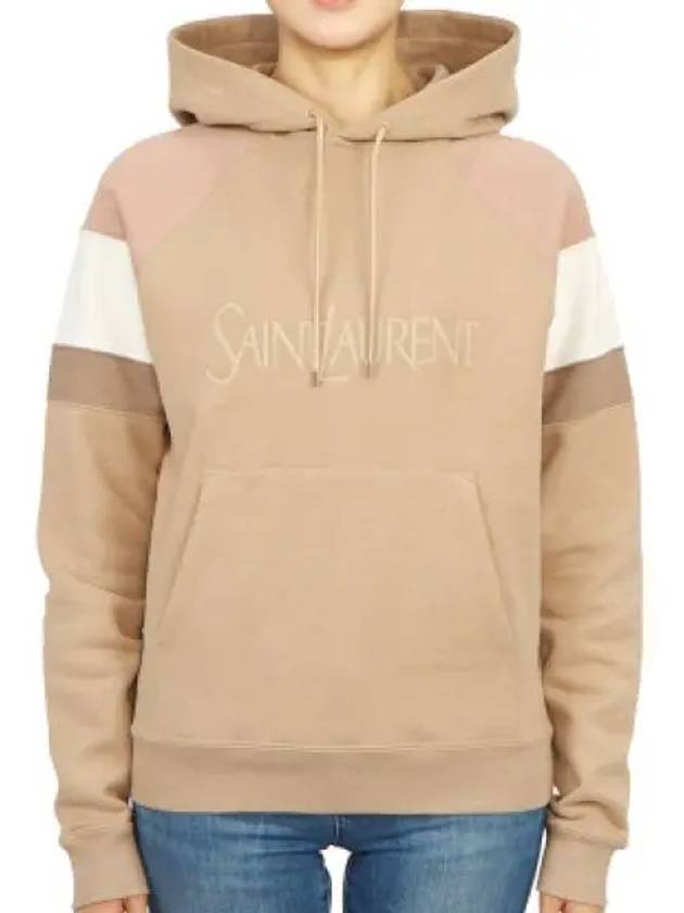 Front Logo Cotton Hoodie Beige - SAINT LAURENT - BALAAN 2