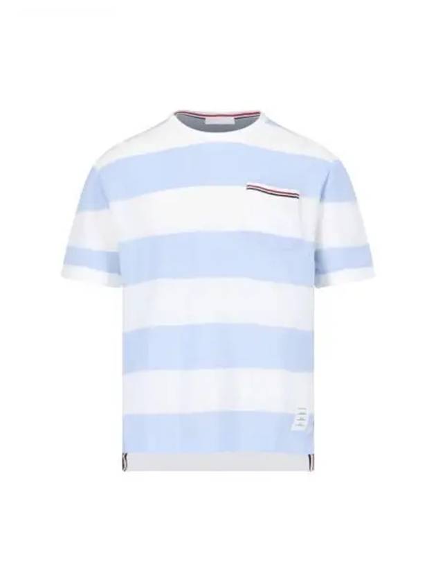 Men's Rugby Striped Pick Pocket Short Sleeve T-Shirt Light Blue White - THOM BROWNE - BALAAN 2