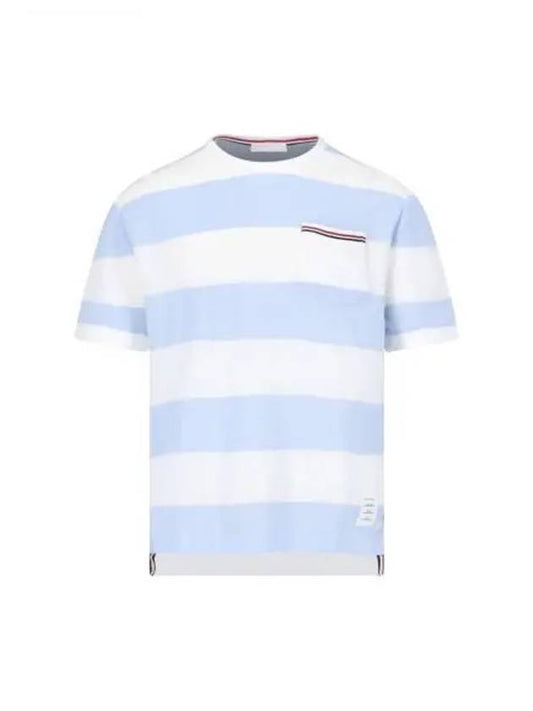 Men's Rugby Striped Pick Pocket Short Sleeve T-Shirt Light Blue White - THOM BROWNE - BALAAN 2