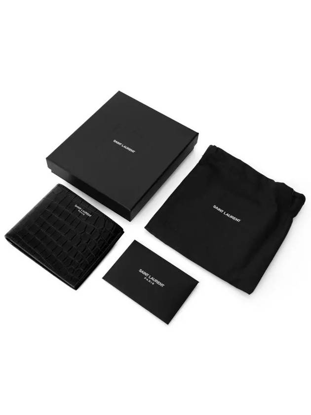 Crocodile Embossed Leather Half Wallet Black - SAINT LAURENT - BALAAN 5