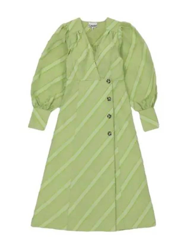 Puff sleeve V neck striped dress light green - GANNI - BALAAN 1