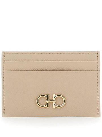 Beige Card-Holder With Gancini Detail In Hammered Leather Woman - SALVATORE FERRAGAMO - BALAAN 1