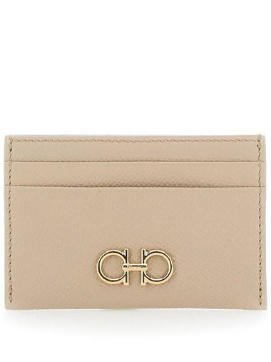 Beige Card-Holder With Gancini Detail In Hammered Leather Woman - SALVATORE FERRAGAMO - BALAAN 1