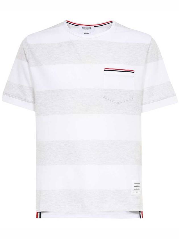 Men's Rugby Striped Pick Pocket Short Sleeve T-Shirt Pale Grey White - THOM BROWNE - BALAAN 2