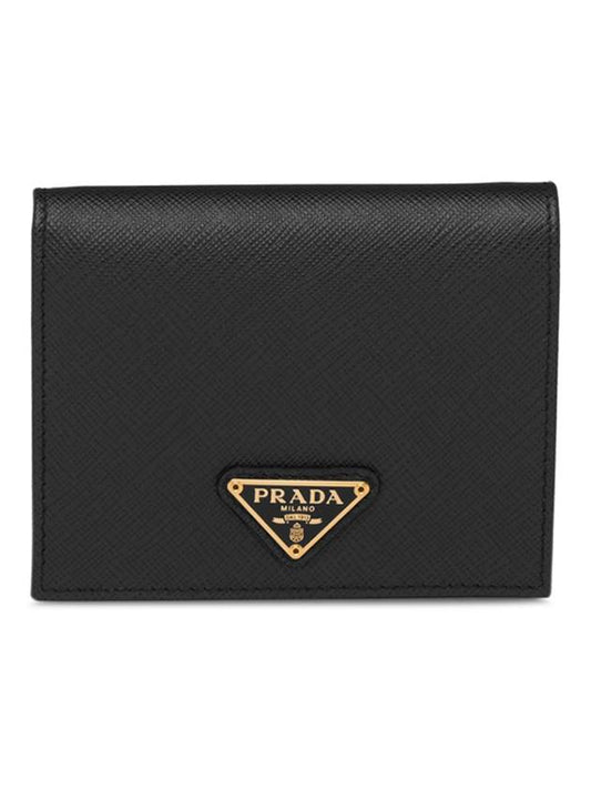 Gold Hardware Triangle Logo Saffiano Half Wallet Black - PRADA - BALAAN 2