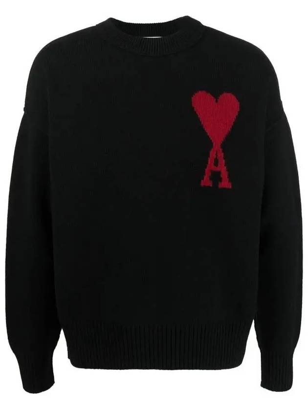 Intarsia Big Heart Logo Wool Knit Top Black - AMI - BALAAN 2