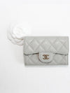 Classic Gold Hardware Logo Grained Shiny Calfskin Card Wallet Grey - CHANEL - BALAAN 3