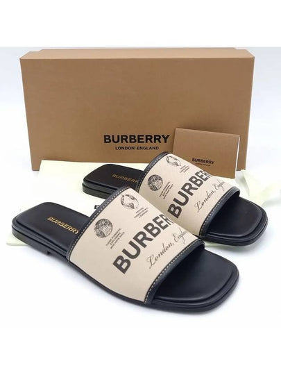 Label Print Gabardine Leather Slippers Beige - BURBERRY - BALAAN 2