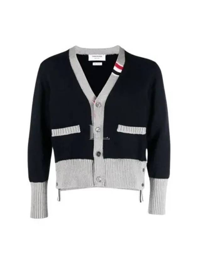 Three Stripe V Neck Cotton Cardigan Navy - THOM BROWNE - BALAAN 2