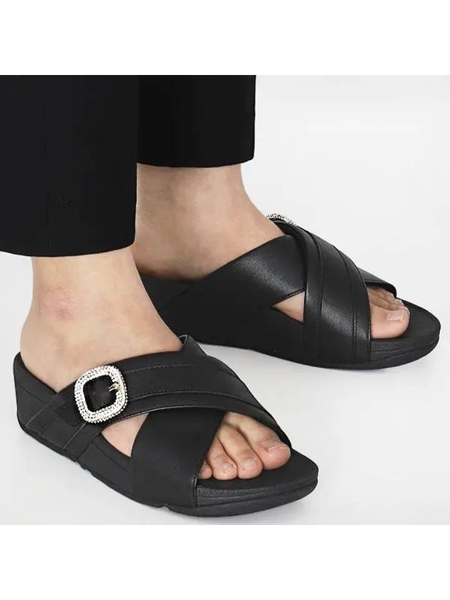 Lulu Crystal Buckle Cross Leather Slippers Black - FITFLOP - BALAAN 2