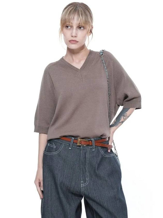 Women s RSVHK BR Raglan Slit V neck Half Knit Brown - CHANCE'S NOI - BALAAN 1