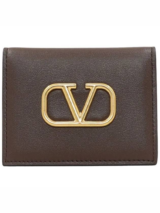 V Logo Signature Leather Card Wallet Brown - VALENTINO - BALAAN 1