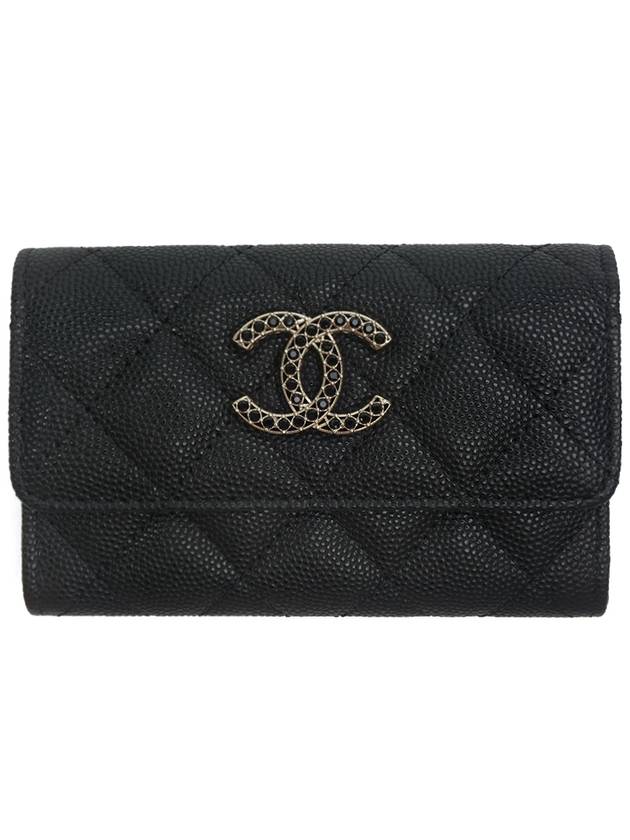 Shiny Grained Calfskin Strass Flap Card Wallet Black - CHANEL - BALAAN 2