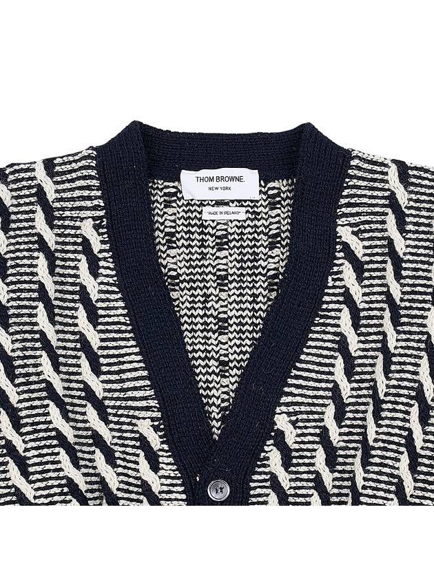 4-bar V-neck Twist Cable Knit Cardigan Navy - THOM BROWNE - BALAAN 4