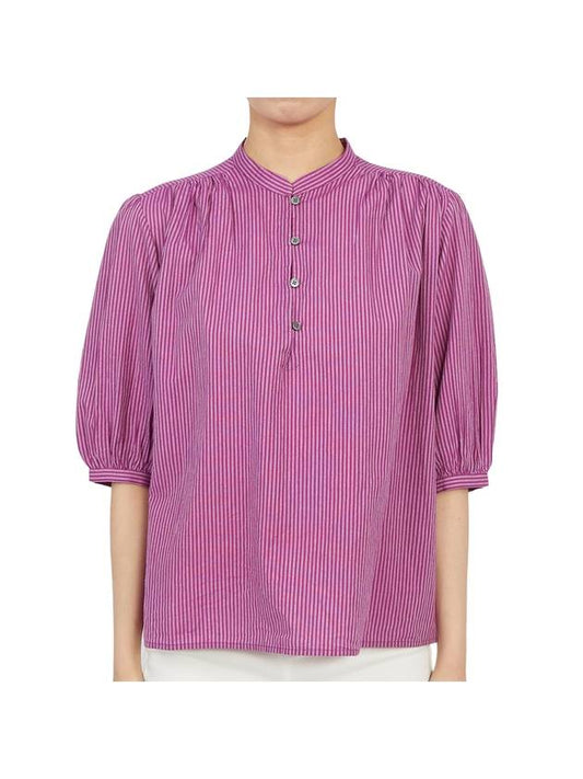 Women's Puff Sleeve Striped Cotton Blouse Purple - VANESSA BRUNO - BALAAN 1