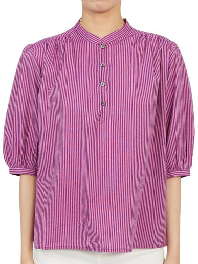 Women's Puff Sleeve Striped Cotton Blouse Purple - VANESSA BRUNO - BALAAN 2