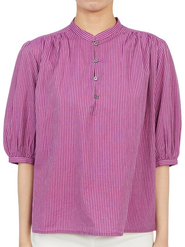 Women's Puff Sleeve Striped Cotton Blouse Purple - VANESSA BRUNO - BALAAN 1