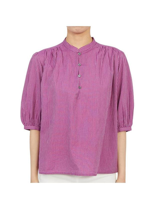 Women's Puff Sleeve Striped Cotton Blouse Purple - VANESSA BRUNO - BALAAN 2