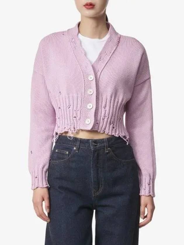 Embroidered Logo Distressed V-Neck Crop Cardigan Purple - MARNI - BALAAN 2