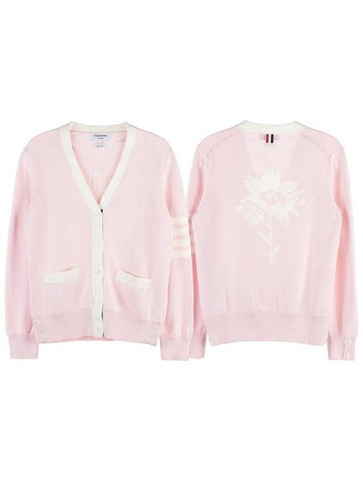 Cotton Jersey Flower 4 Bar V Neck Cardigan Light Pink - THOM BROWNE - BALAAN 2