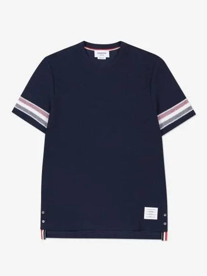 Textured Cotton Stripe Short Sleeve T-Shirt Navy - THOM BROWNE - BALAAN 2