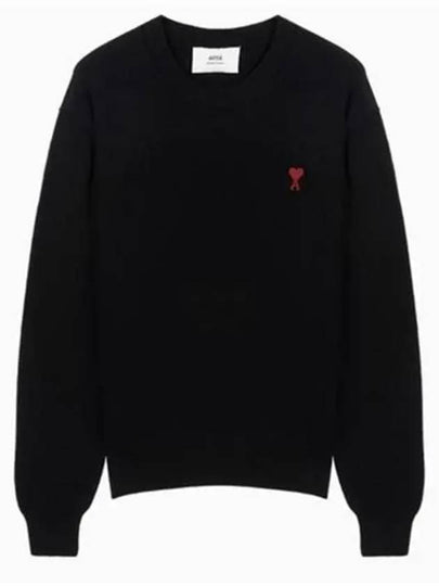 Heart Embroidered Logo Crew Neck Knit Top Black - AMI - BALAAN 2