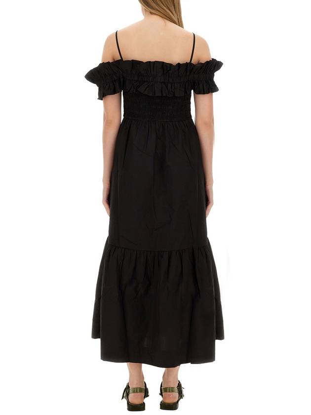 Poplin Off Shoulder Smoke Midi Dress Black - GANNI - BALAAN 4