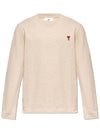 Chain Stitch Heart Logo Long Sleeve T-Shirt Light Beige - AMI - BALAAN 2