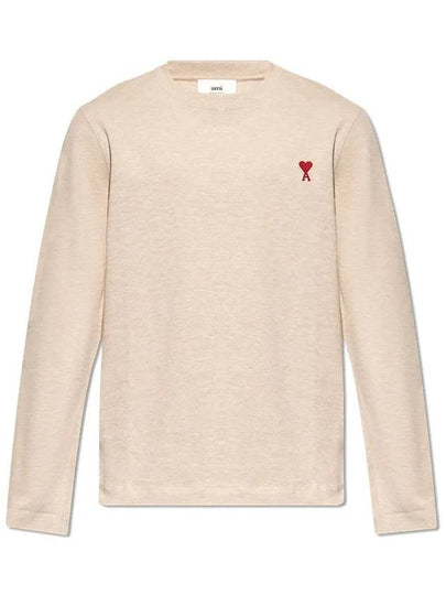 Chain Stitch Heart Logo Long Sleeve T-Shirt Light Beige - AMI - BALAAN 2