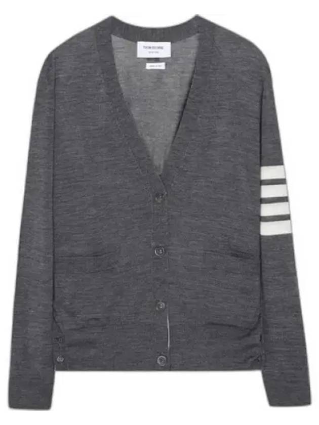 Sustainable Fine Merino Wool 4-Bar Relaxed Fit V-Neck Cardigan Medium Grey - THOM BROWNE - BALAAN 2