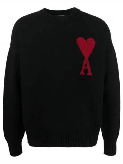 Intarsia Big Heart Logo Wool Knit Top Black - AMI - BALAAN 2