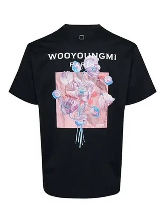 3D Flower Back Logo Round Short Sleeve T-Shirt Black - WOOYOUNGMI - BALAAN 2