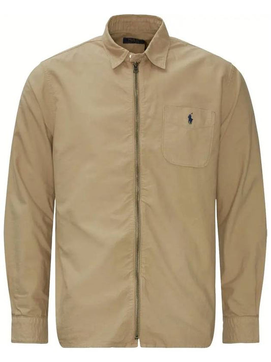 Men's Logo Embroidered Zip-Up Shirt Jacket Beige - POLO RALPH LAUREN - BALAAN.