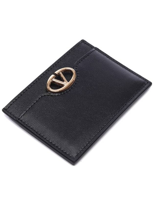 V Logo Signature Leather Card Wallet Black - VALENTINO - BALAAN 6