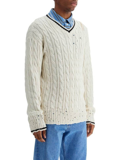 white cotton sweater with cable knit v-neck - MARNI - BALAAN 2