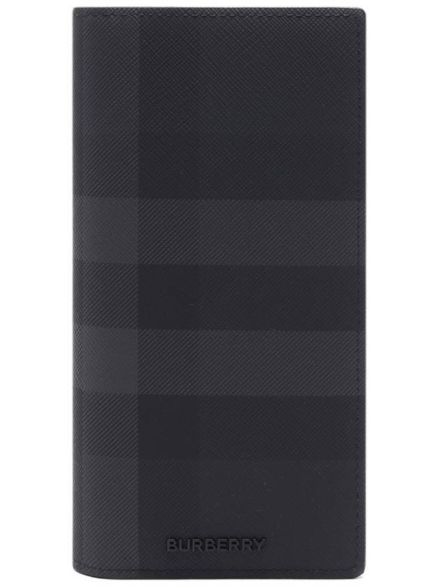 Logo Checked Leather Long Wallet Charcoal - BURBERRY - BALAAN 3