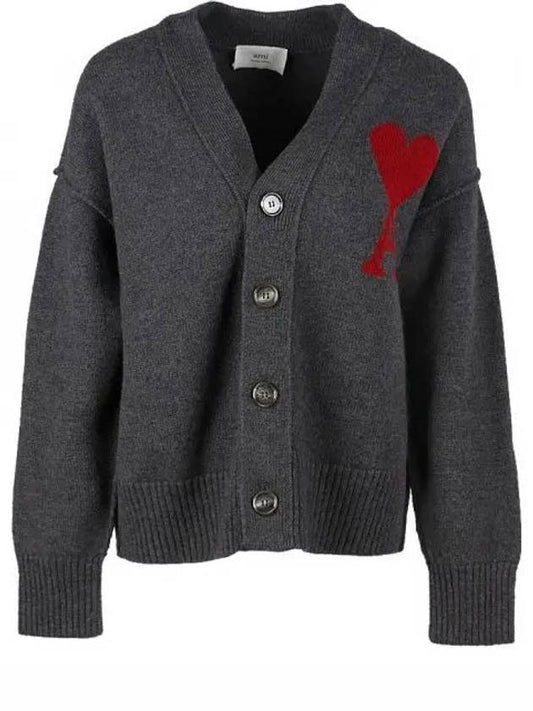 Heart Logo V Neck Wool Cardigan Heather Grey - AMI - BALAAN 2