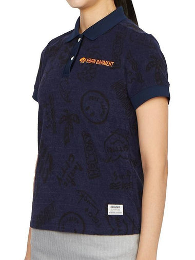 Women's Print Polo Short Sleeve T-Shirt Navy - HORN GARMENT - BALAAN 1